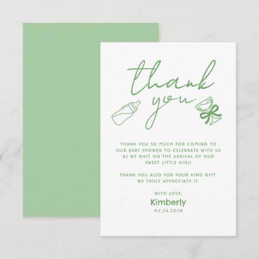 Groene melkfles champagne baby shower bedankt (Voorkant / Achterkant)