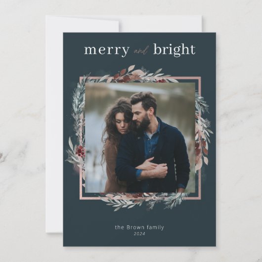 Groene Merry & Bright Waterverf Blad Foto Feestdagenkaart (Voorkant)