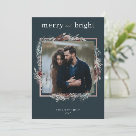 Groene Merry & Bright Waterverf Blad Foto Feestdagenkaart (Staand voorkant)