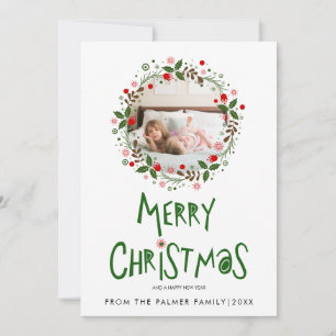 Groene Merry Christmas-typografie en krans foto Feestdagenkaart