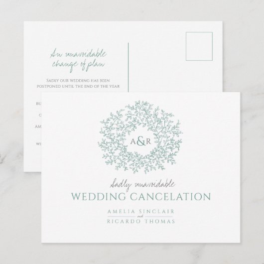 Groene met de hand getekende bladmonogram huwelijk aankondigingskaart (Voorkant / Achterkant)