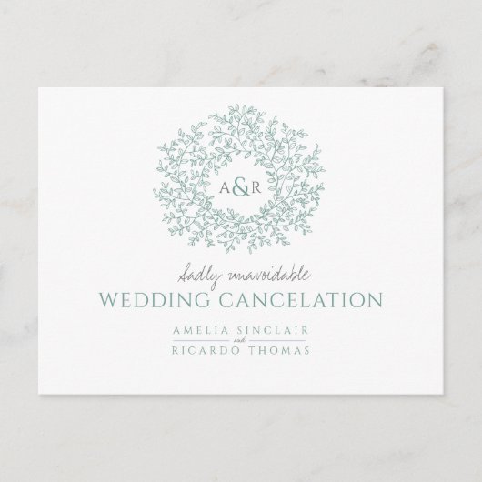 Groene met de hand getekende bladmonogram trouwann aankondigingskaart (Voorkant)