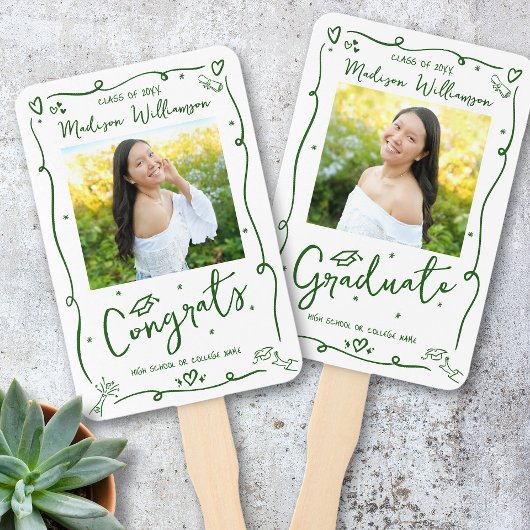 Groene met de hand getekende Doodle Afstudeercerem Handwaaier