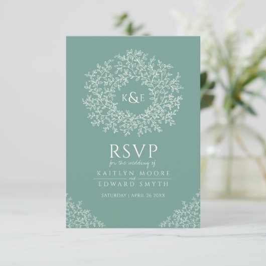 Groene met de hand getrokken bladmonogram RSVP bru (Staand voorkant)