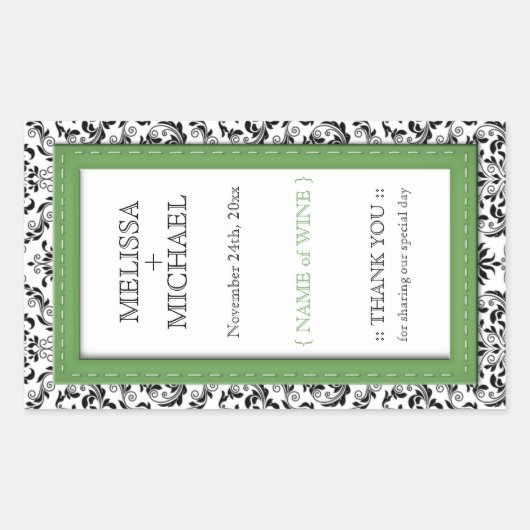 Groene met de titel "Damask vertical Wedding Wine  Rechthoekige Sticker (Voorkant)