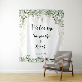 Groene & Metallic Gouden Bloemen: Een Trouw Welkom Wandkleed