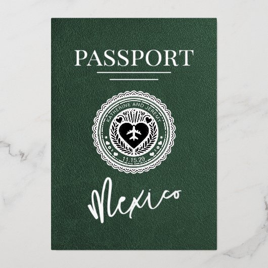 Groene Mexico Passport bruiloft Folie Uitnodiging (Voorkant)