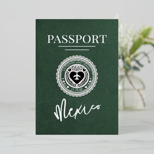 Groene Mexico Passport bruiloft Folie Uitnodiging (Staand Voorkant)