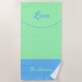 Groene Mid Century Blue Retro Stippen Summer Love Strandlaken (Voorkant)