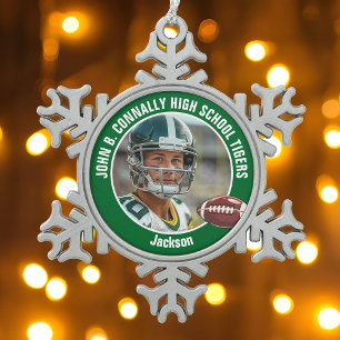 Groene Middelbare School Football Speler Foto Cust Tin Sneeuwvlok Ornament