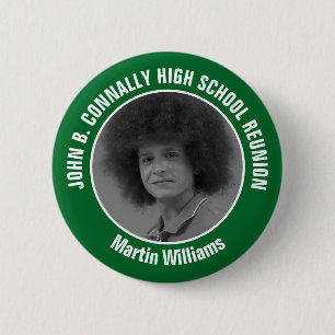 Groene middelbare school reünie jaarboek foto ronde button 5,7 cm