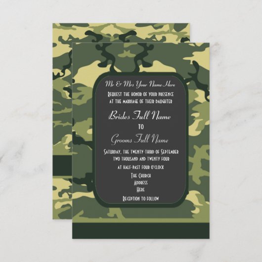 Groene militaire camouflagebruiloft kaart (Voorkant / Achterkant)