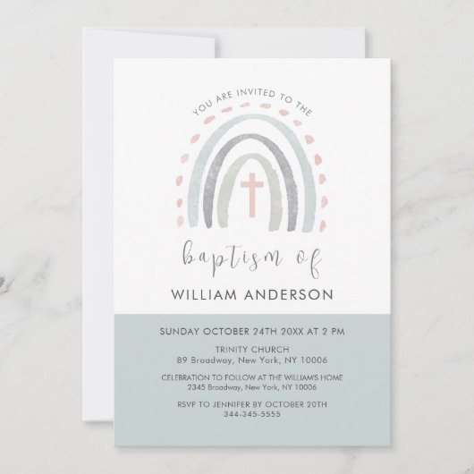 Groene Minimale Boho Regenboog Cross Boy Doop Kaart (Voorkant)