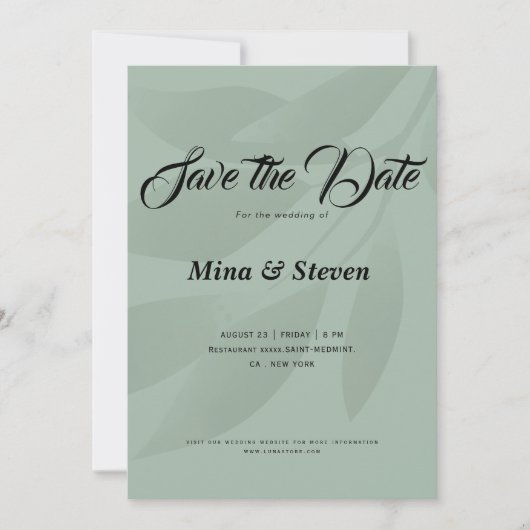 Groene minimalistische boheemse botanische groen save the date (Voorkant)