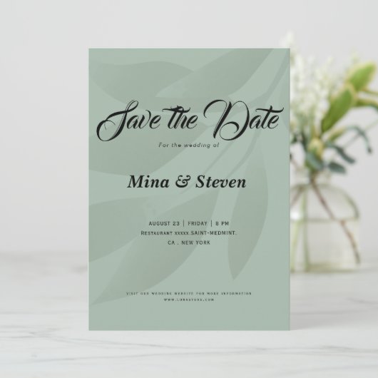Groene minimalistische boheemse botanische groen save the date (Staand voorkant)