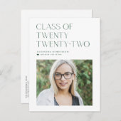 Groene Minimalistische Klas van 2022 Foto Afstudee Aankondigingskaart (Voorkant / Achterkant)