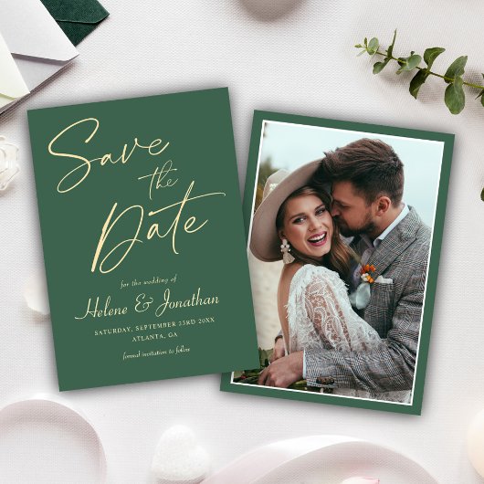 Groene minimalistische moderne elegante trouwfoto save the date