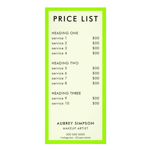 Groene minimalistische prijslijst Rack Kaart (Voorkant)