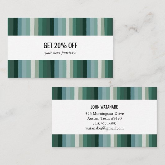 Groene minimalistische strips handgemaakt kortingskaartje (Voorkant / Achterkant)
