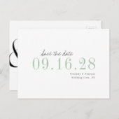 Groene minimalistische typografische bruiloft besp aankondigingskaart (Voorkant / Achterkant)