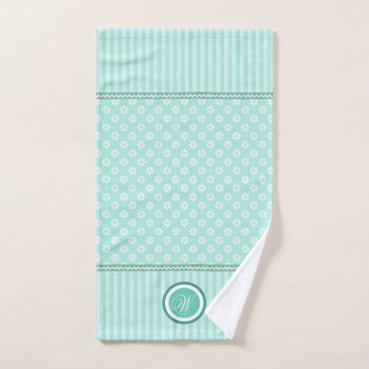 Groene Mint Daisies en Stripes Monogrammed Bad Handdoek (Handdoek)