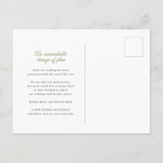 Groene misletoe hartslag met annulering bruiloft aankondigingskaart (Achterkant)