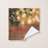 Groene mistletoe, String Lights, Wood Kerstmis Bad Handdoek (Wasdoekje)