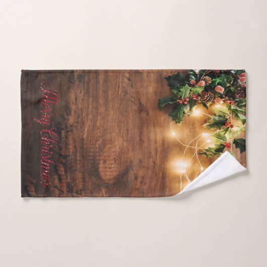 Groene mistletoe, String Lights, Wood Kerstmis Bad Handdoek (Handdoek)