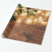 Groene mistletoe, String Lights, Wood Kerstmis Cadeaupapier (Uitgerold)
