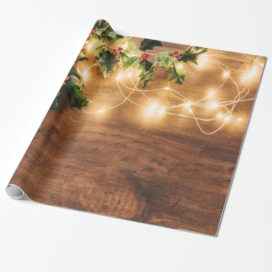 Groene mistletoe, String Lights, Wood Kerstmis Cadeaupapier (Uitgerold)