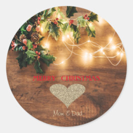 Groene mistletoe, String Lights, Wood Kerstmis Ronde Sticker
