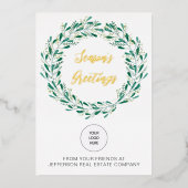Groene Mistletoe Wreath Company Logo Business Folie Feestdagenkaart (Voorkant)