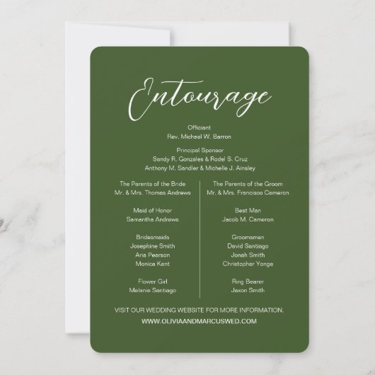 Groene moderne Chic Script Wedding Entourage Kaart (Achterkant)