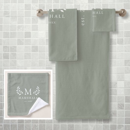 Groene Moderne Elegante Bloemmonogram Naam Bad Handdoek