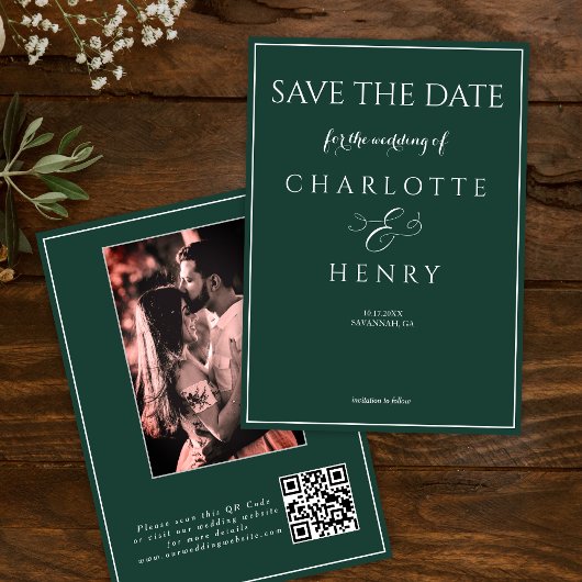 Groene moderne elegante kalligrafie Foto QR-code Save The Date