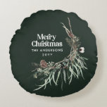 Groene moderne elegante waterverf botanisch rond kussen<br><div class="desc">Donkergroen Modern Elegant rustiek waterverf gedroogde botanische bloemen gedempt kleuren vakantie kerstdecor.</div>