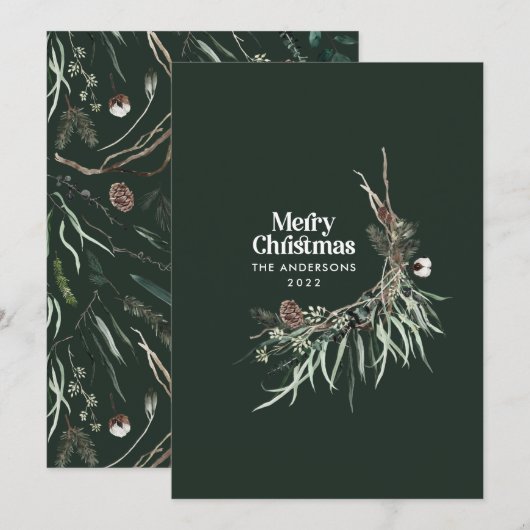 Groene moderne elegante waterverf botanische rusti feestdagenkaart (Voorkant / Achterkant)