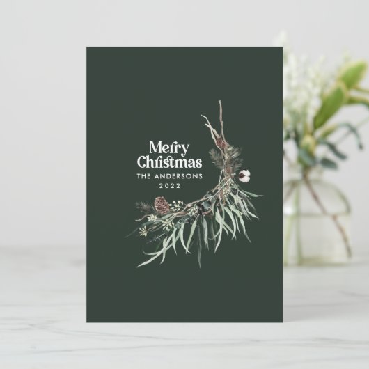 Groene moderne elegante waterverf botanische rusti feestdagenkaart (Staand voorkant)