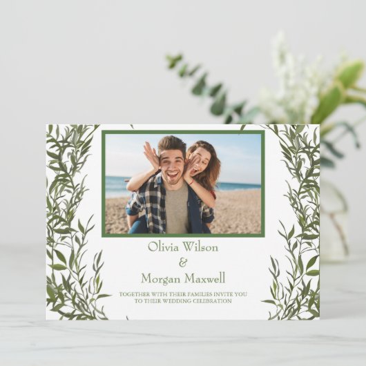 Groene moderne foto save the date uitnodiging (Staand voorkant)