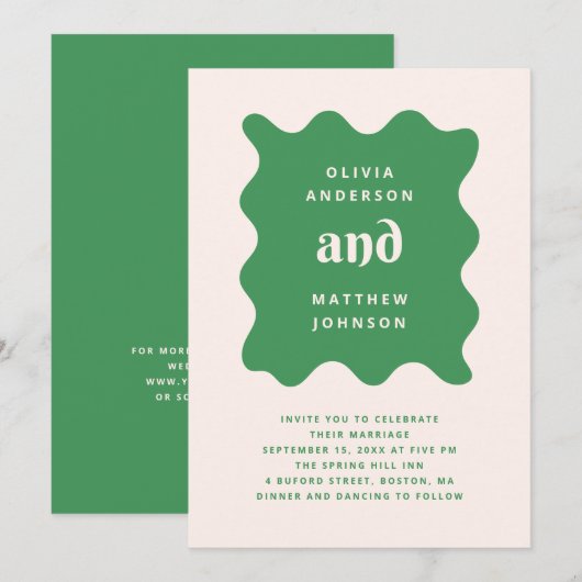 Groene Moderne Golvende Trouw | Speelse QR-code Kaart (Voorkant / Achterkant)