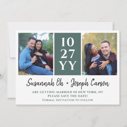 Groene moderne grote datum met foto's sparen de Da Save The Date (Voorkant)