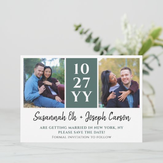 Groene moderne grote datum met foto's sparen de Da Save The Date (Staand voorkant)