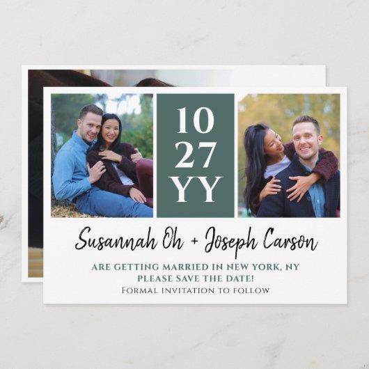 Groene moderne grote datum met foto's sparen de Da Save The Date (Voorkant / Achterkant)