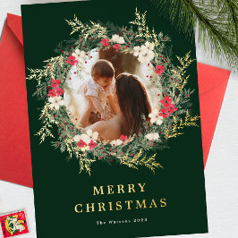 Groene moderne krans één foto Merry Christmas Gold Folie Feestdagenkaart