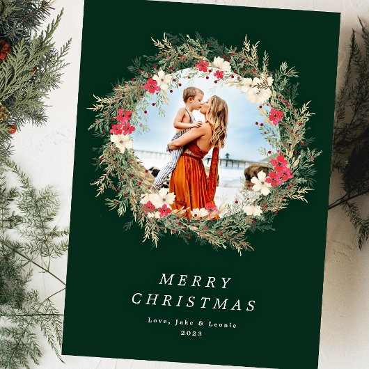 Groene moderne krans Een foto Vrolijk Kerstfeest Feestdagenkaart