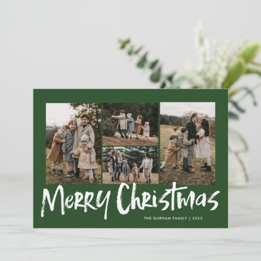 Groene moderne lettering vier foto's vrolijk kerst feestdagenkaart (Staand voorkant)