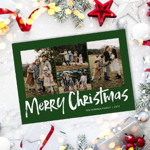 Groene moderne lettering vier foto's vrolijk kerst feestdagenkaart