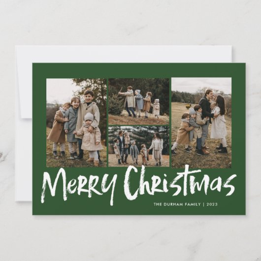 Groene Moderne Lettering Vijf foto Vrolijk Kerstfe Feestdagenkaart (Voorkant)