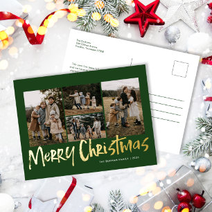 Groene Moderne Lettering Vijf foto Vrolijk Kerstfe Folie Feestdagen Briefkaart