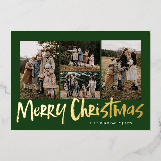 Groene Moderne Lettering Vijf foto Vrolijk Kerstfe Folie Feestdagenkaart (Voorkant)